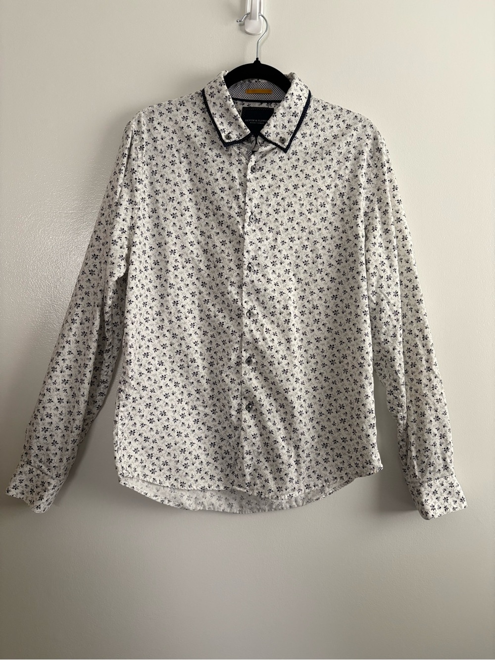 Denim & Flower Men’s Long Sleeve Slim-Fit White w/Black Ditsy Floral Size L